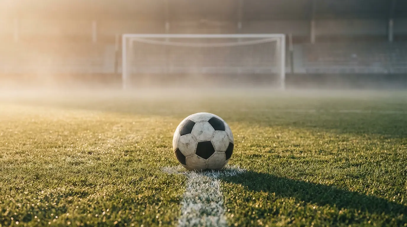 Jalkapallo nurmikentällä maalia vastaan aamuauringossa ennen ottelua