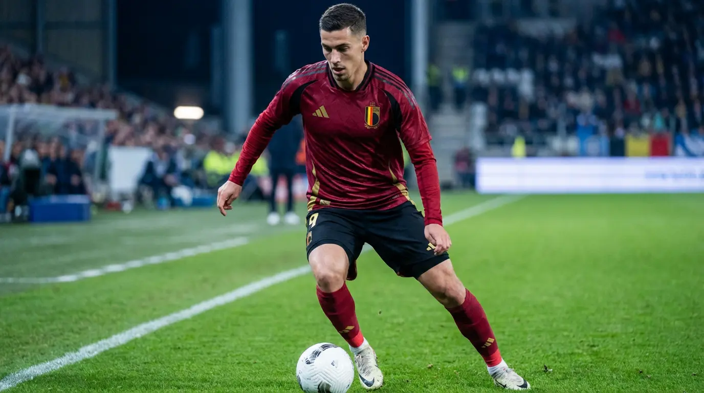 Belgian maajoukkueen pelaaja punaisessa paidassa kuljettaa palloa MM-karsintaottelussa