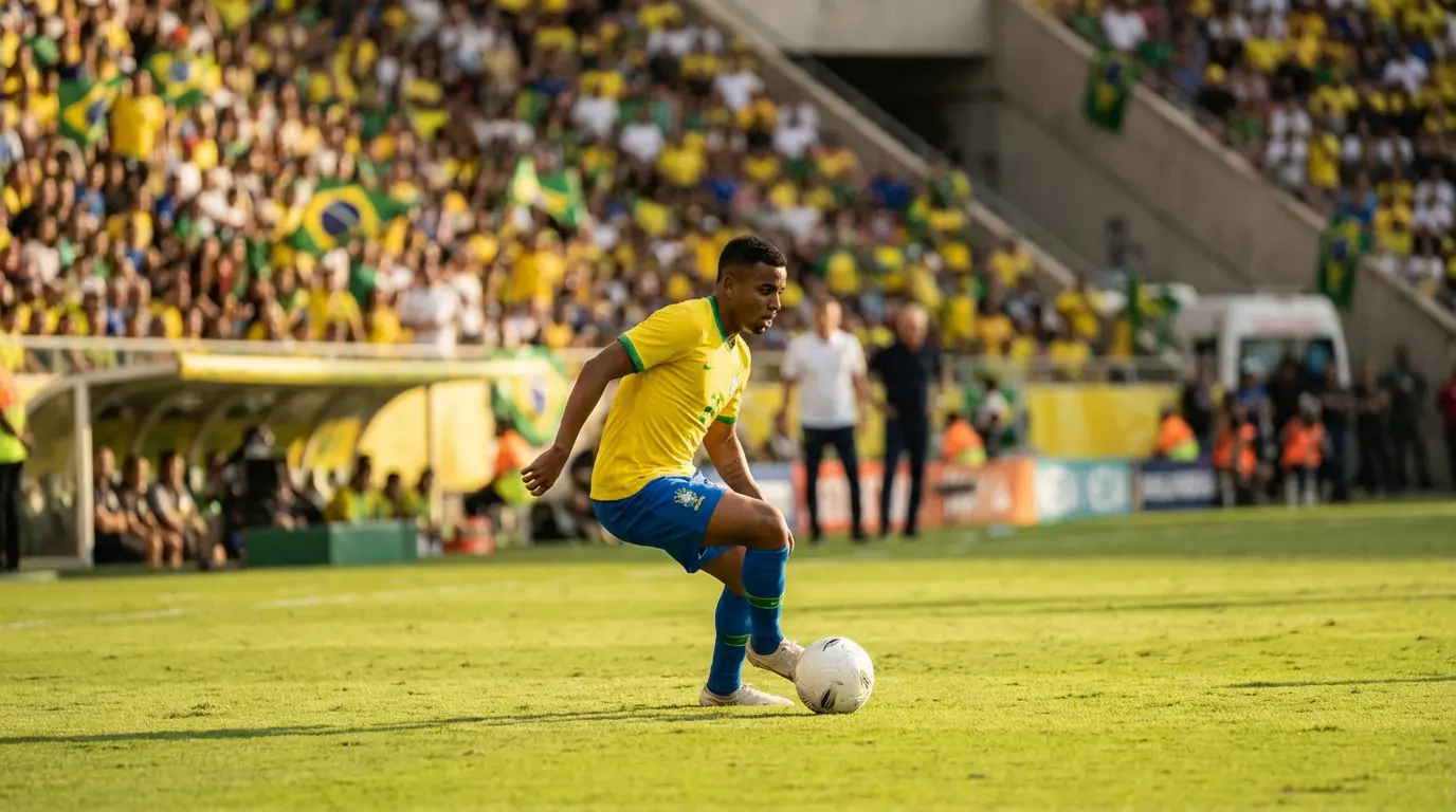 Brasilian maajoukkueen pelaaja keltaisessa paidassa kuljettaa palloa MM-karsintaottelussa