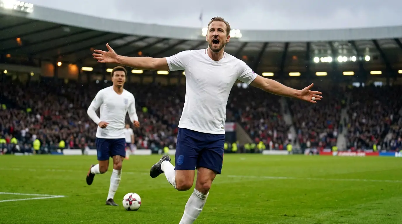 Englannin maajoukkueen pelaaja valkoisessa paidassa juhlimassa maalia MM-karsintaottelussa