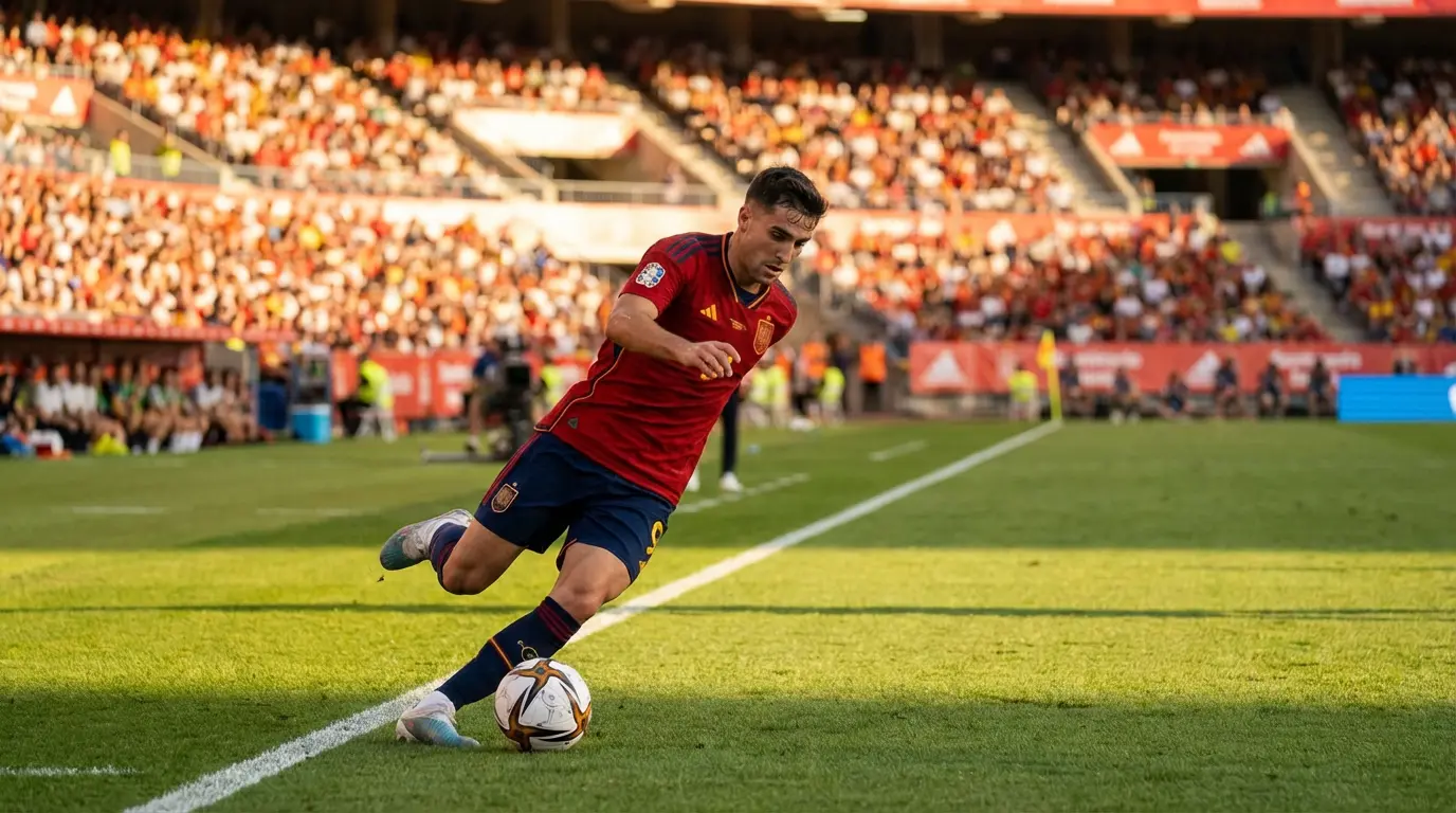 Espanjan maajoukkueen pelaaja punaisessa paidassa kuljettaa palloa MM-karsintaottelussa