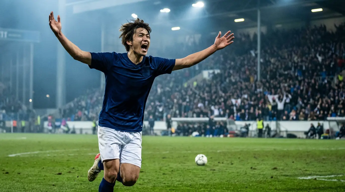 Japanin maajoukkueen pelaaja sinisessä paidassa juhlimassa maalia MM-karsintaottelussa