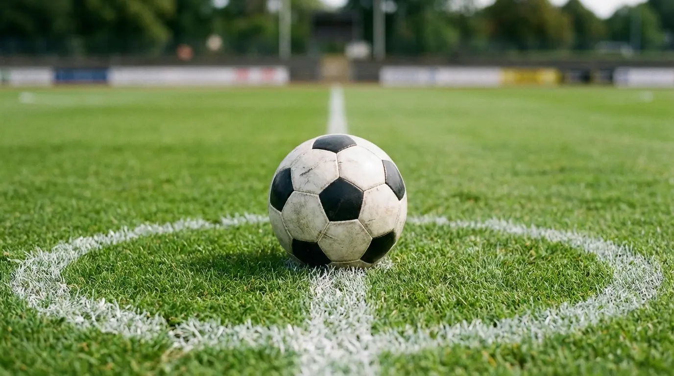 Jalkapallon nahkapallo vihreällä nurmikentällä valkoisten merkintälinjojen keskellä