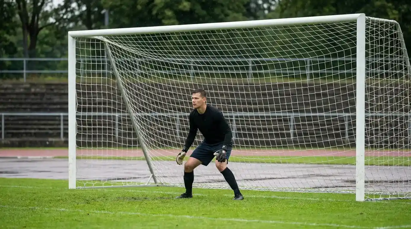 Maalivahti jalkapallomaalin edessä käsineet kädessä valmiina torjumaan