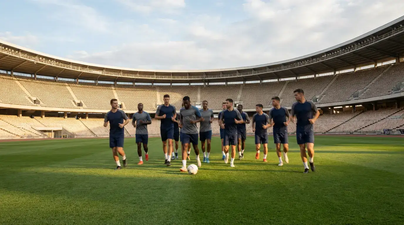 Jalkapalloilijoita peliasuissaan harjoittelemassa tyhjällä stadionin kentällä