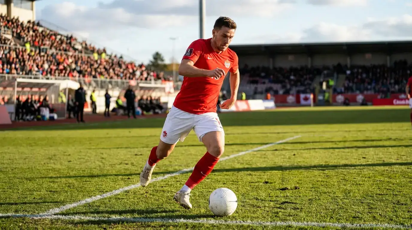 Kanadan maajoukkueen pelaaja punaisessa paidassa kuljettaa palloa MM-karsintaottelussa