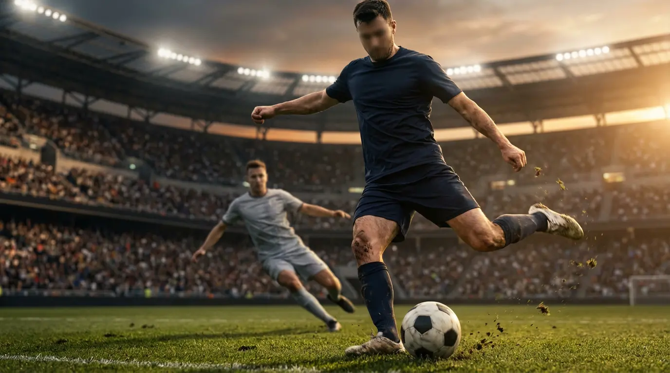 Jalkapalloilija potkaisemassa palloa nurmikentällä vastustajan edessä ottelun aikana