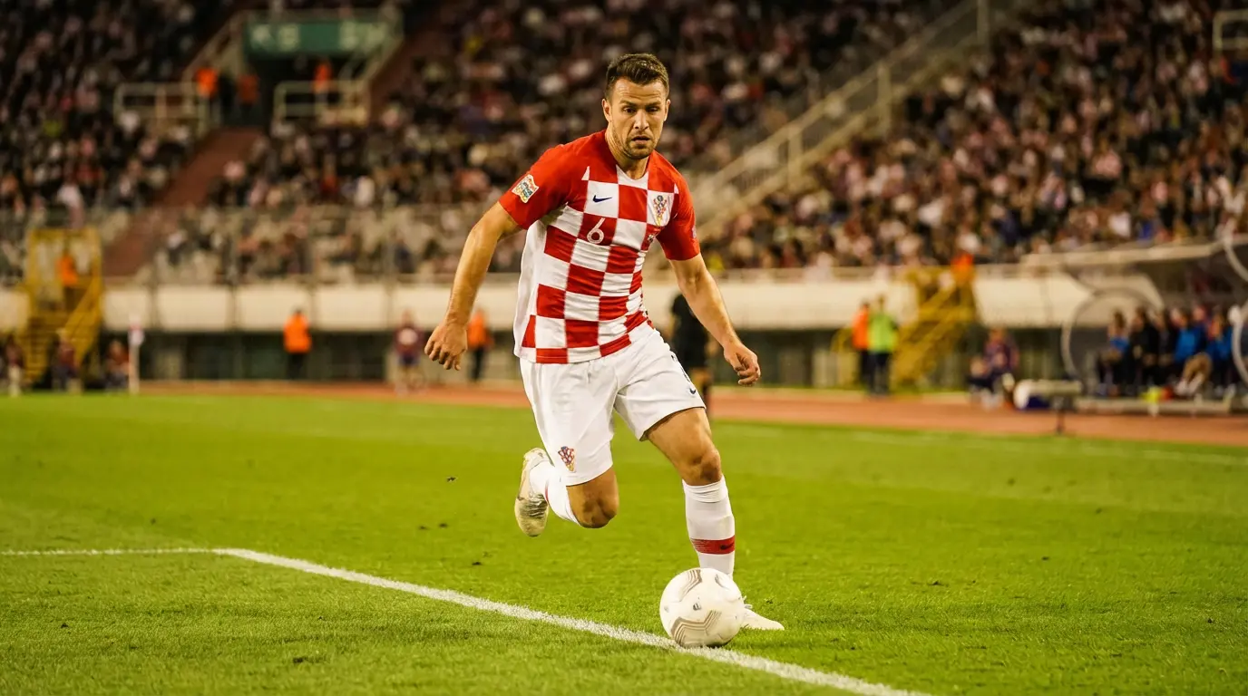 Kroatian maajoukkueen pelaaja punavalkoruutuisessa paidassa kuljettaa palloa MM-karsintaottelussa
