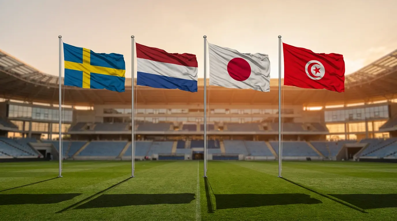 Lohko F MM 2026 — Ruotsin, Alankomaiden, Japanin ja Tunisian liput rivissä