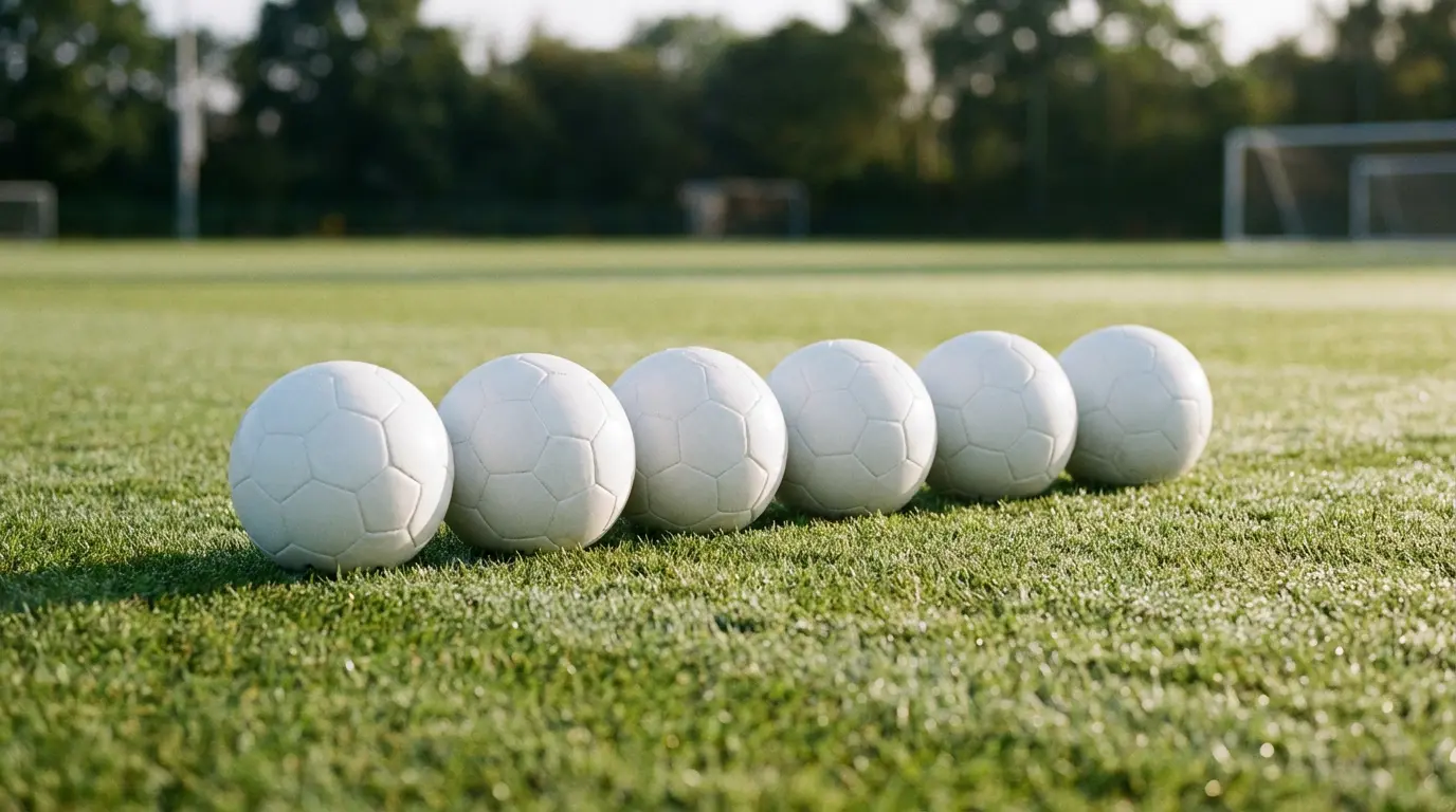 Kuusi valkoista jalkapalloa rivissä harjoituskentän ruohikolla