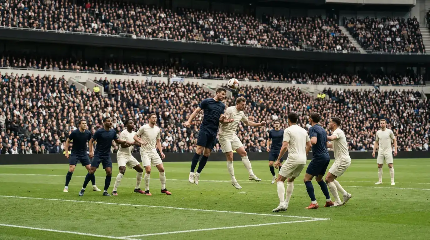 Kaksi jalkapallojoukkuetta taistelemassa pallosta keskikentällä täyden stadionin edessä