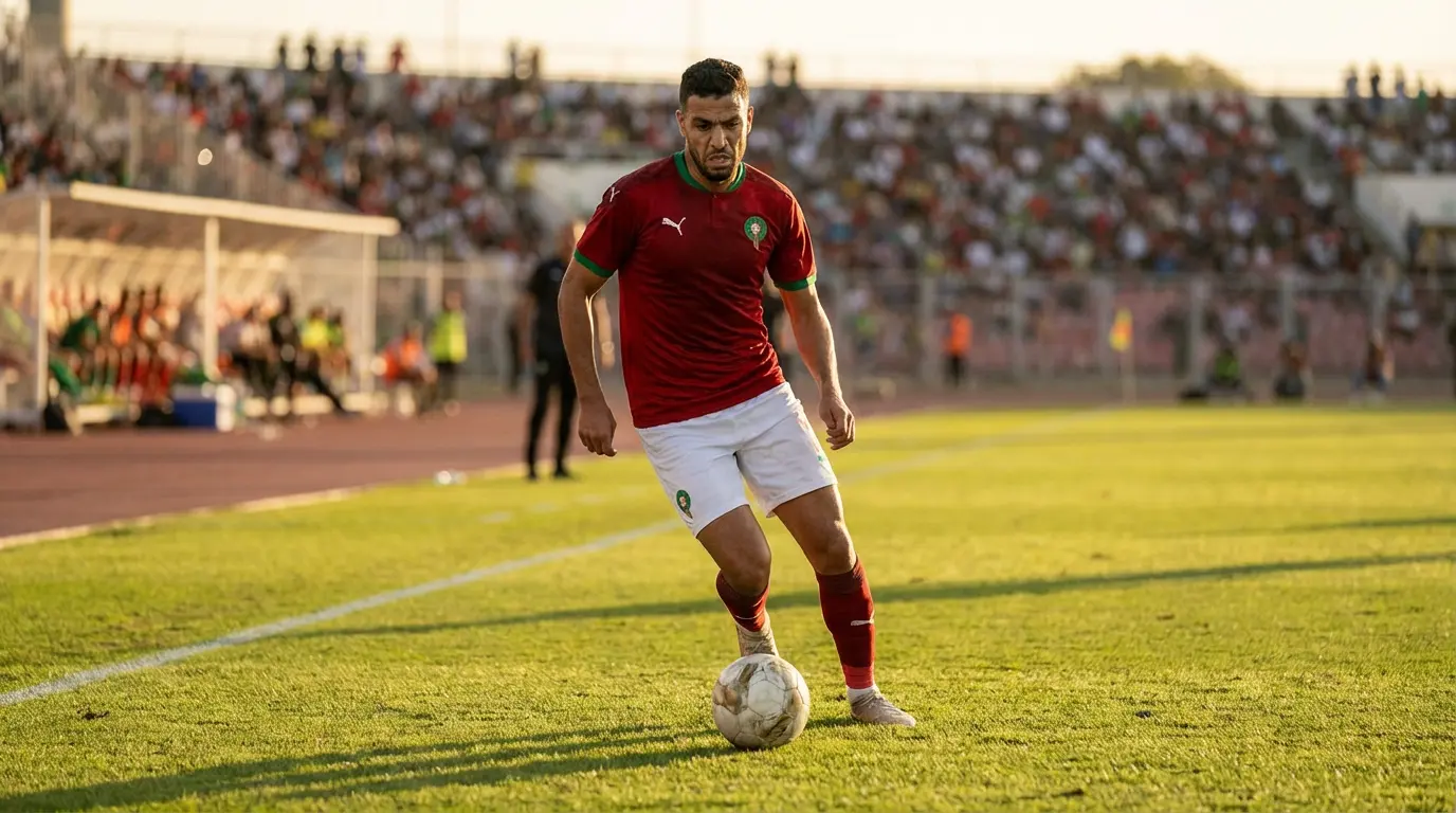Marokon maajoukkueen pelaaja punaisessa paidassa kuljettaa palloa MM-karsintaottelussa