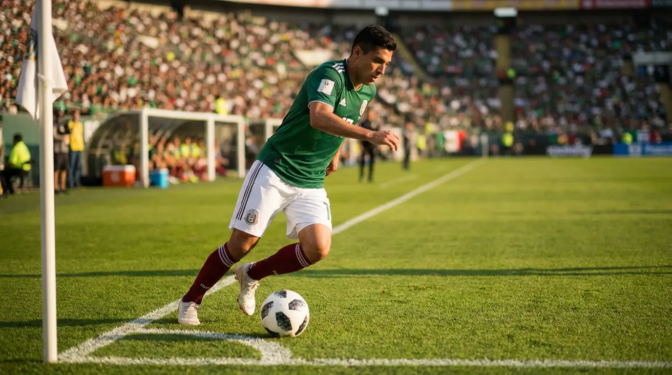 Meksikon maajoukkueen pelaaja vihreässä paidassa kuljettaa palloa MM-karsintaottelussa
