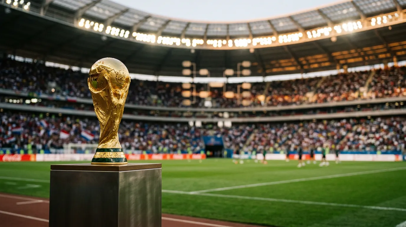 MM-pokaali ja pudotuspelipuu-kaavio symbolisesti stadionin valojen edessä