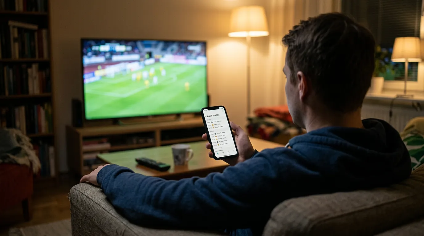 Vedonlyöjä seuraa myöhäisillan pudotuspeliottelua televisiosta ja vertailee kertoimia puhelimella