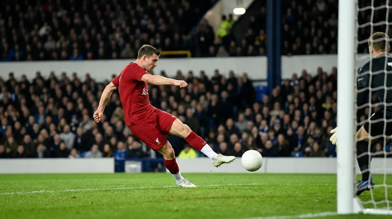 Jalkapalloilija laukaisee maalin kohti vastustajan maaliverkkoa MM-ottelussa