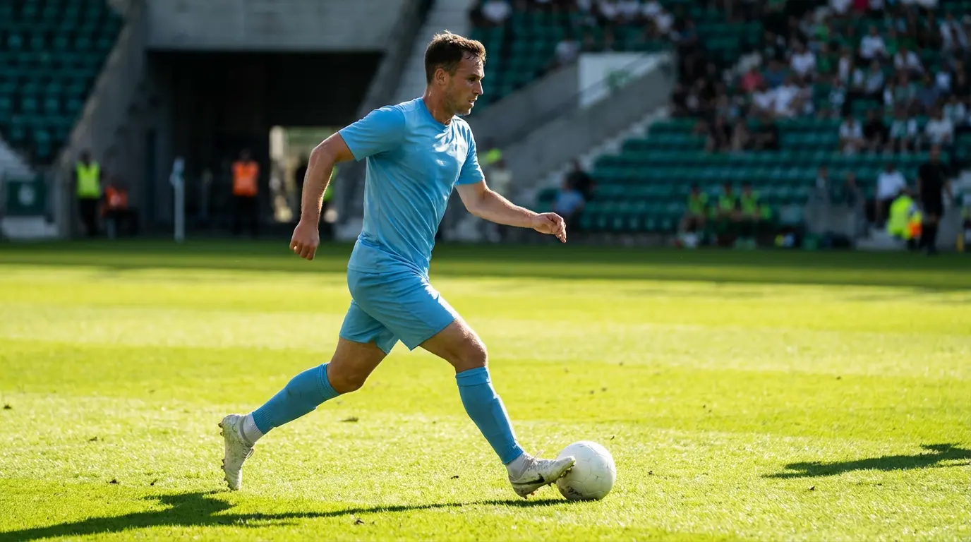 Jalkapalloilija juoksee pallon kanssa nurmikentällä MM-ottelun aikana