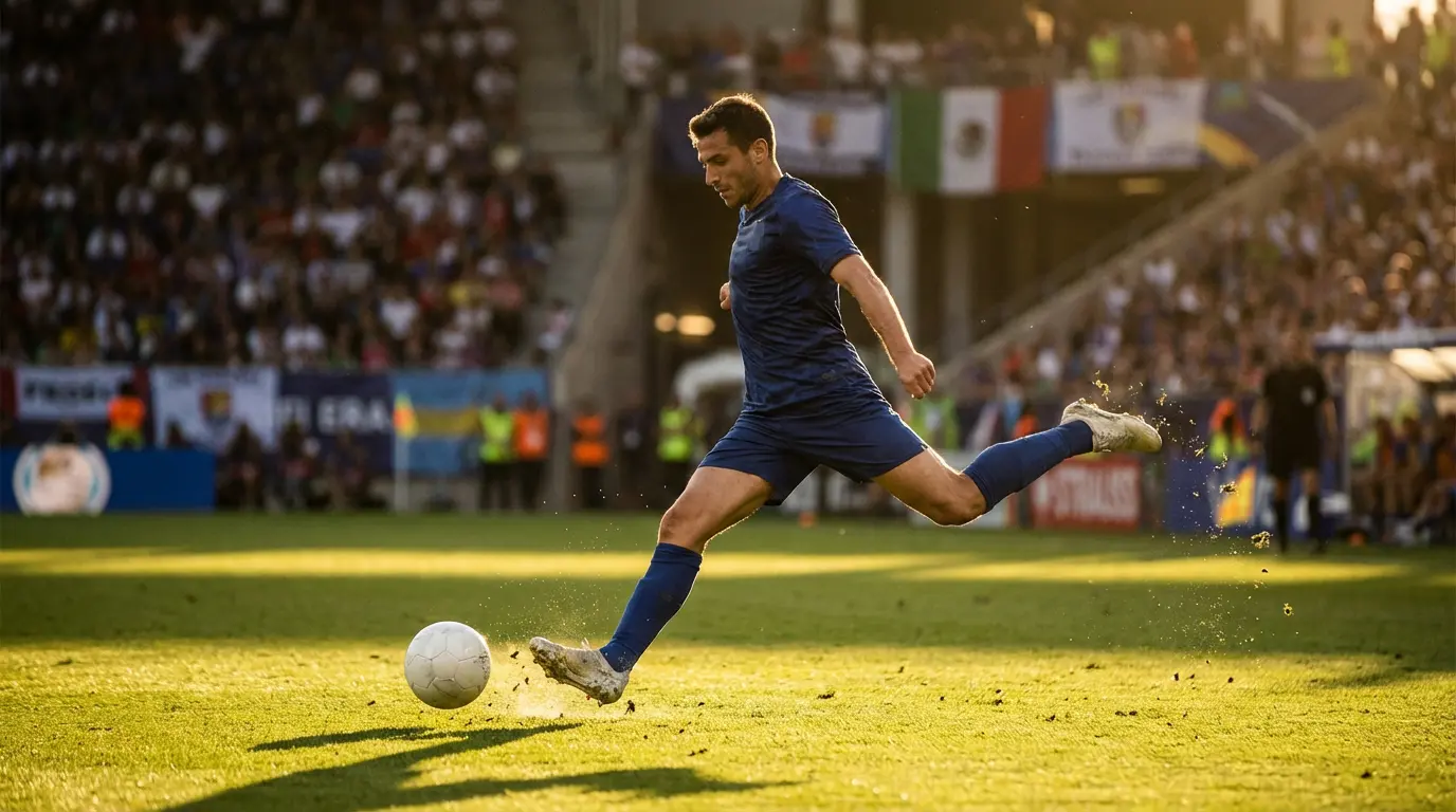 Jalkapalloilija potkaisee palloa nurmikentällä MM-finaaliottelussa