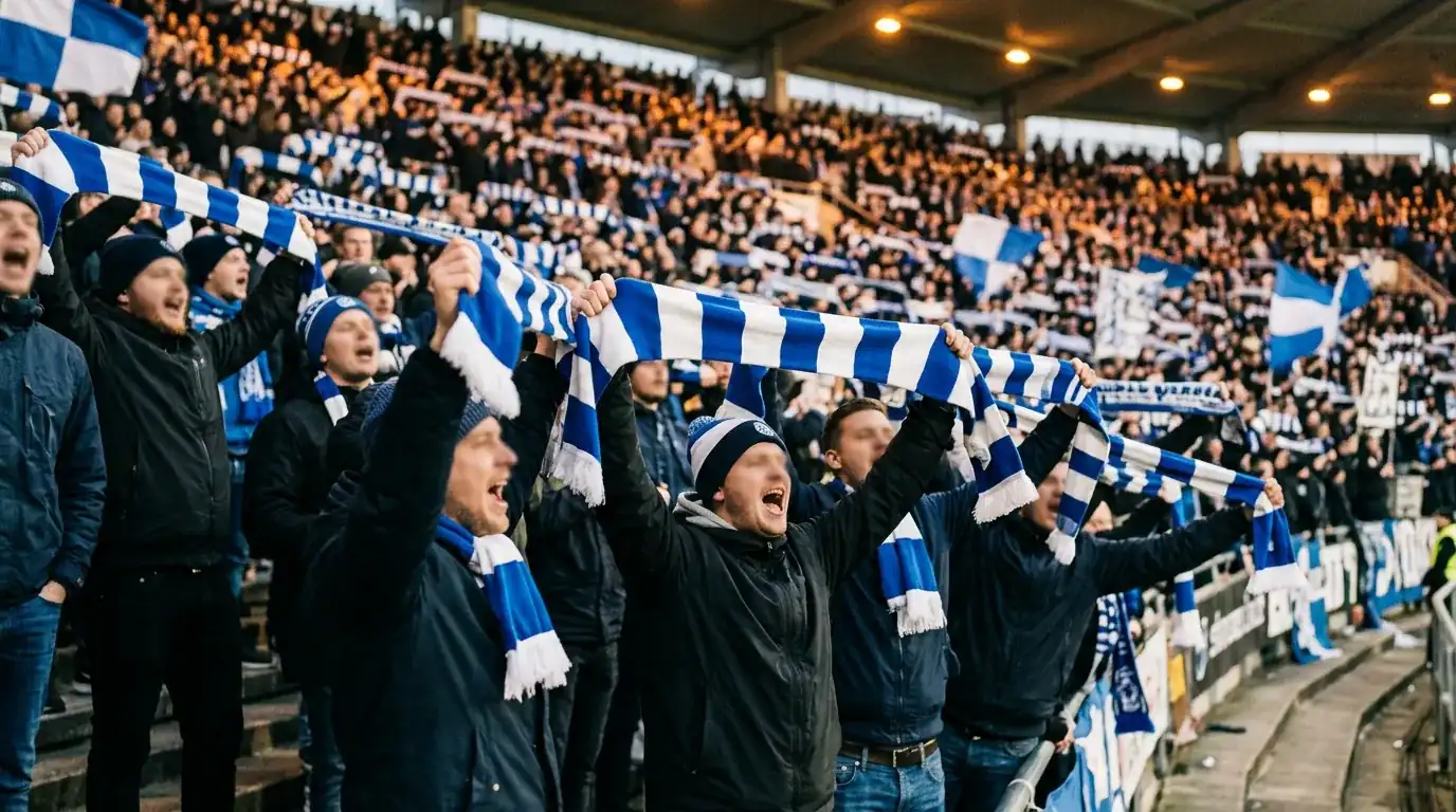 Pohjoismaisia jalkapallofaneja sinivalkoisissa väreissä kannustamassa katsomossa