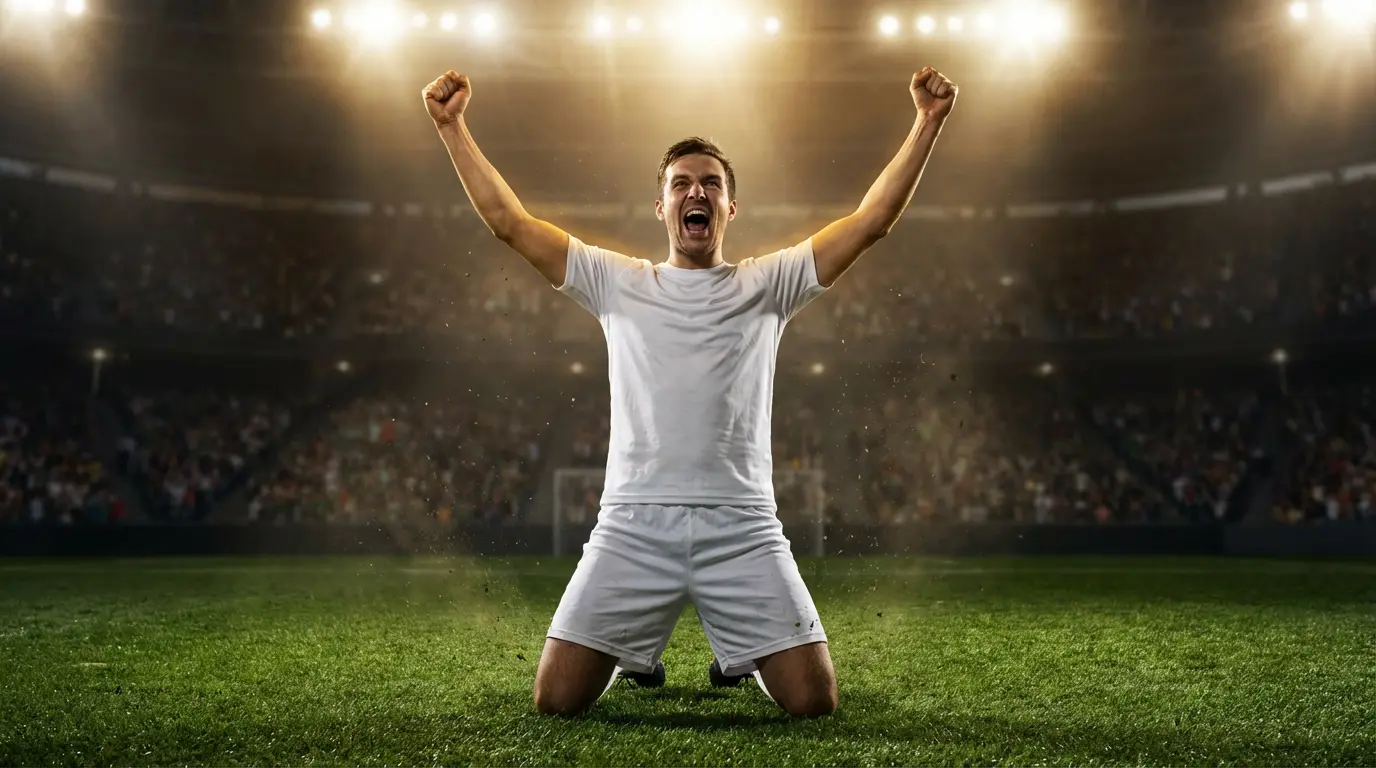 Jalkapalloilija juhlii maalia kädet ilmassa MM-ottelun stadionilla