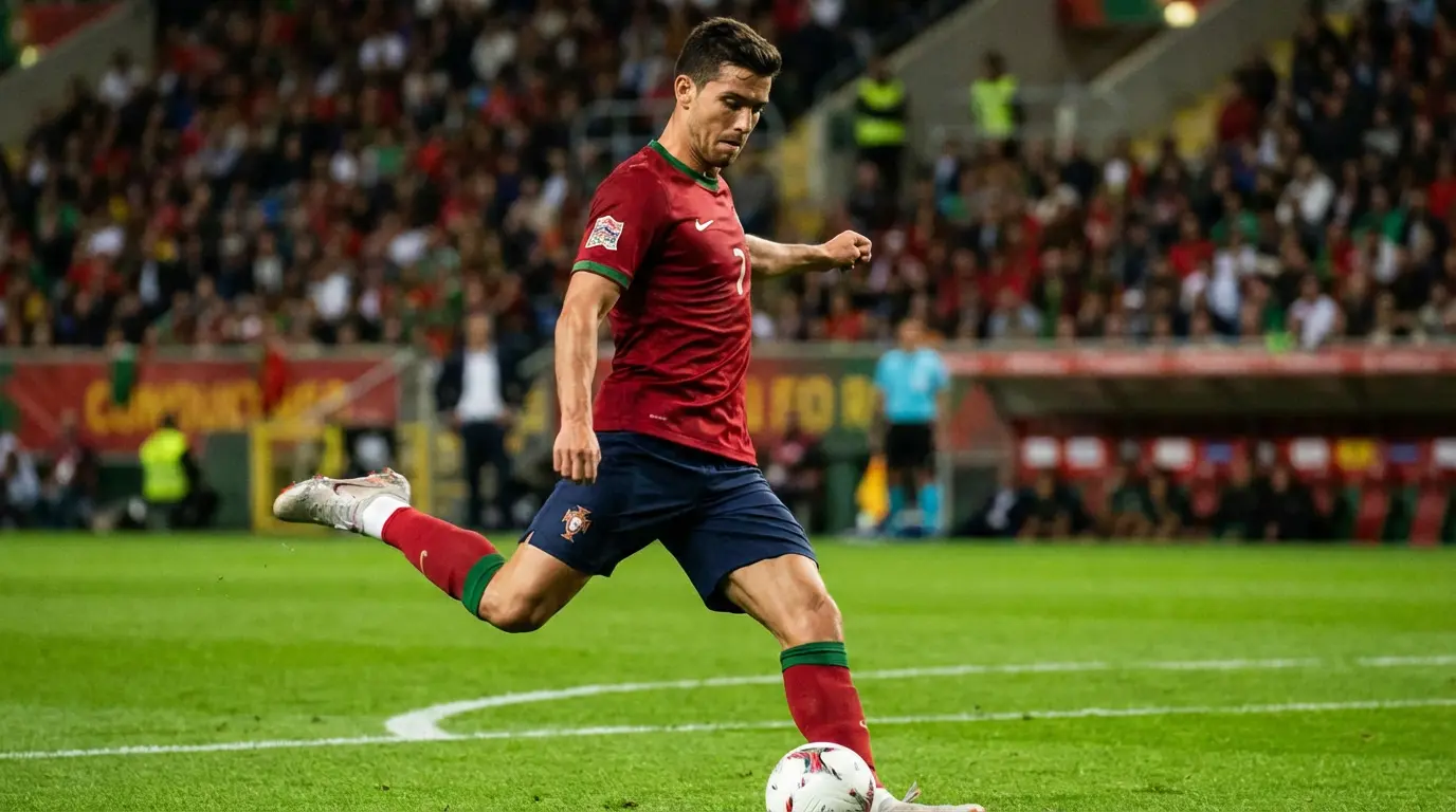 Portugalin maajoukkueen pelaaja punaisessa paidassa potkaisemassa palloa MM-karsintaottelussa