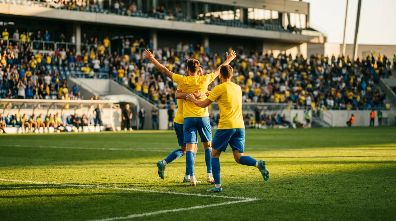 Ruotsin maajoukkueen pelaajat keltasinisissä paidoissa juhlimassa maalia