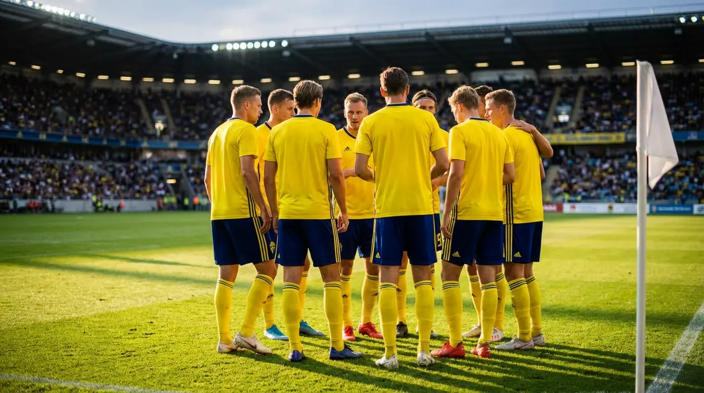Ruotsin maajoukkueen pelaajat keltaisissa paidoissa kentällä ennen MM-karsintaottelua