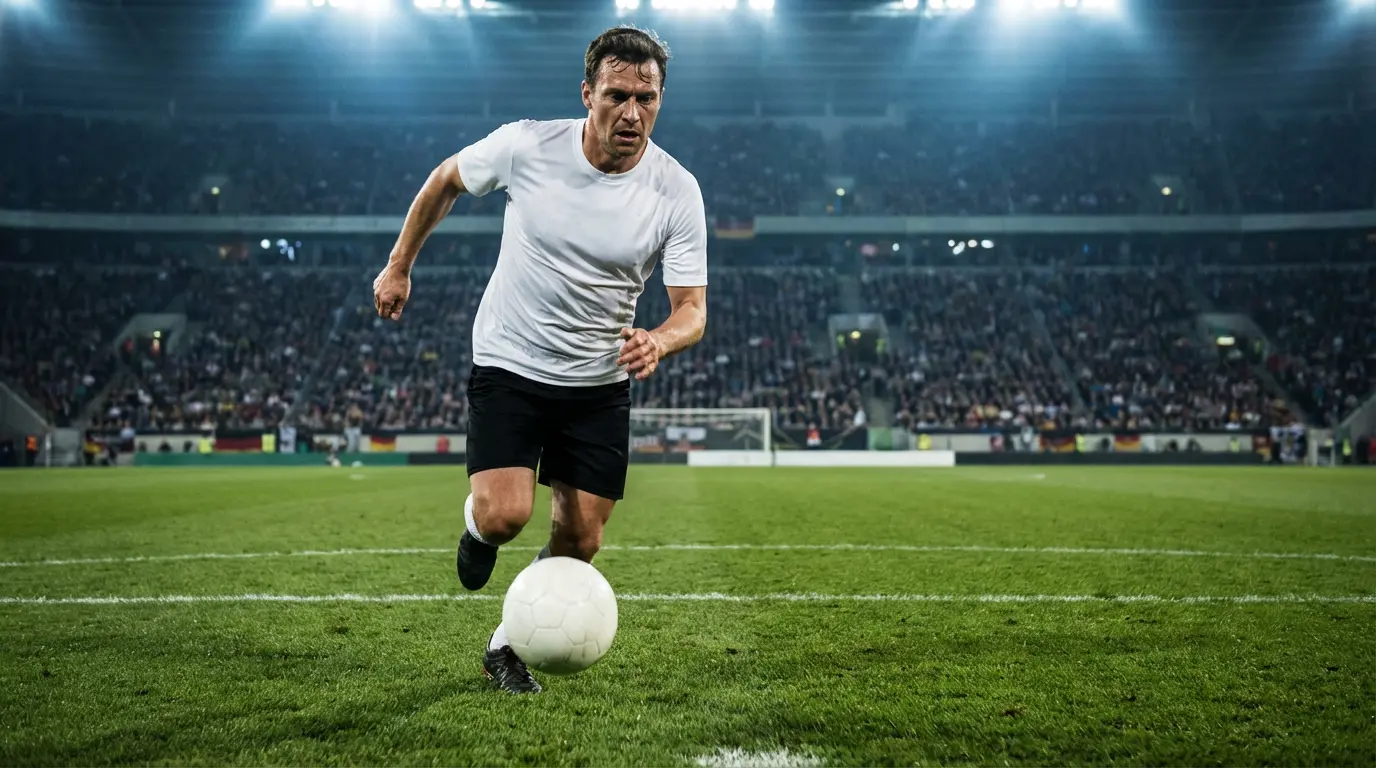 Saksan maajoukkueen pelaaja valkoisessa paidassa kuljettaa palloa MM-karsintaottelussa