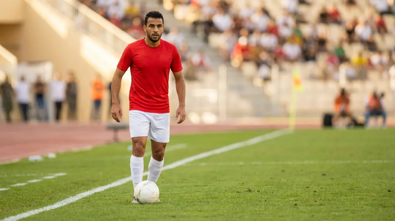 Tunisian maajoukkueen pelaaja punaisessa paidassa kentällä MM-karsintaottelussa