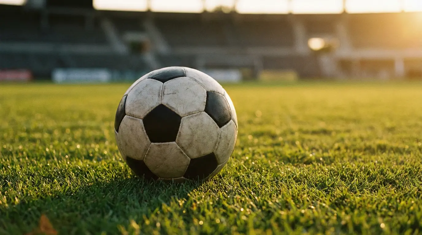 Jalkapallo ruohokentällä auringon laskiessa tyhjän stadionin taustalla