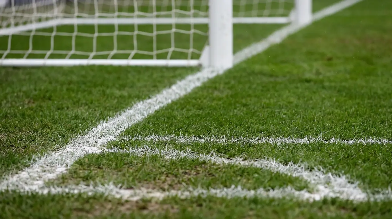 Jalkapallokentän maalialue valkoisine viivoineen ja verkkoineen lähikuvassa