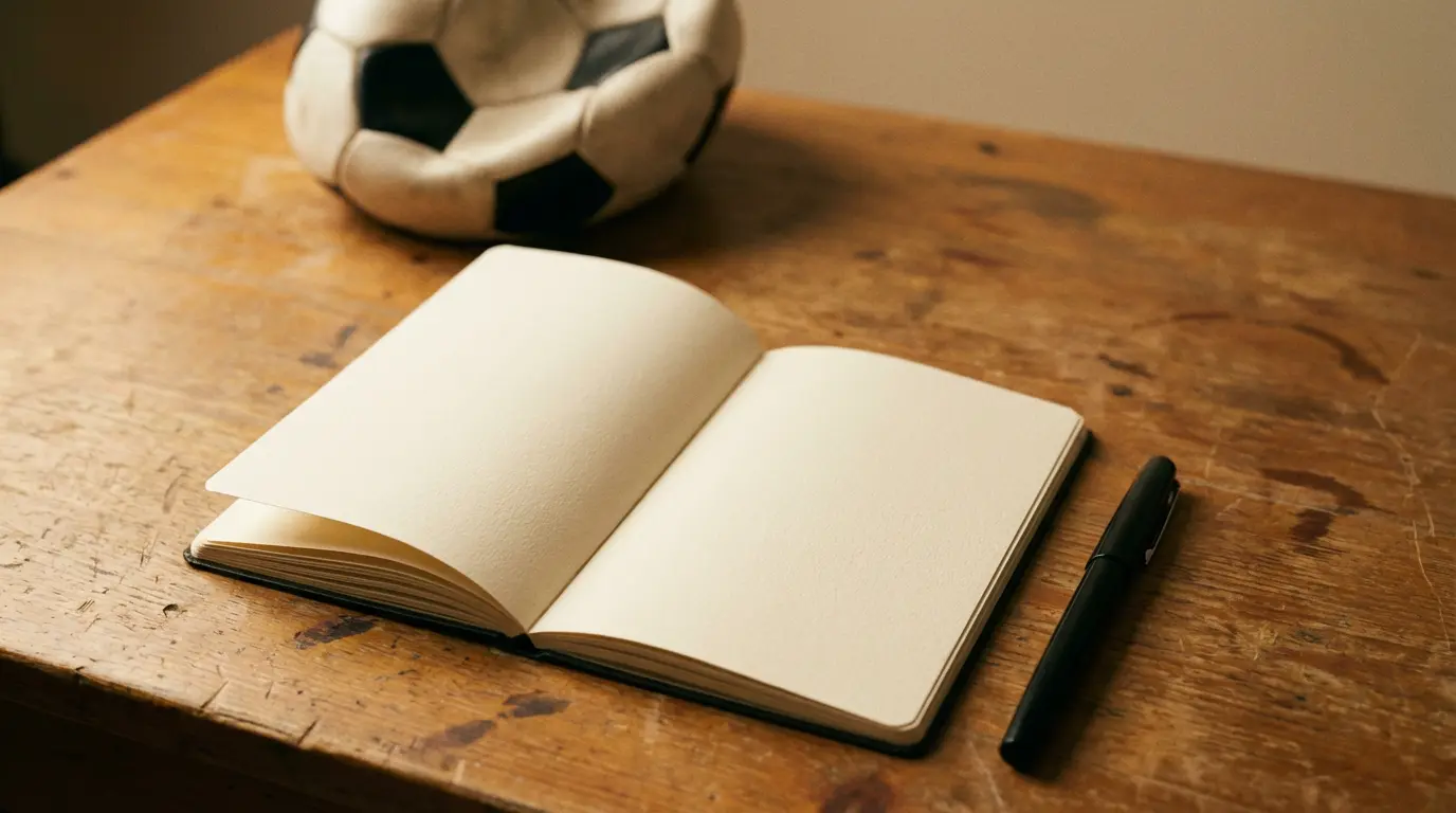Avoin muistikirja ja kynä puisella pöydällä jalkapallo taustalla