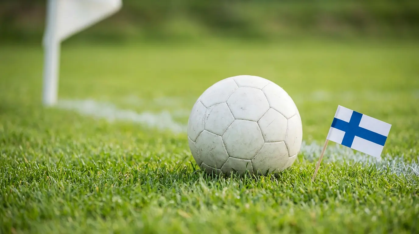 Suomen lippu ja jalkapallo pöydällä puhelimen kanssa kertoimia näyttäen