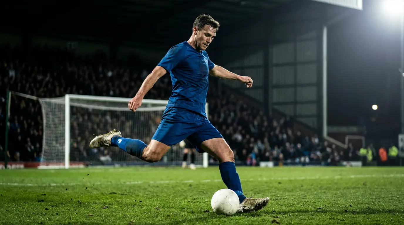 Jalkapalloilija potkaisee palloa kohti maalia stadionin valaistuksessa