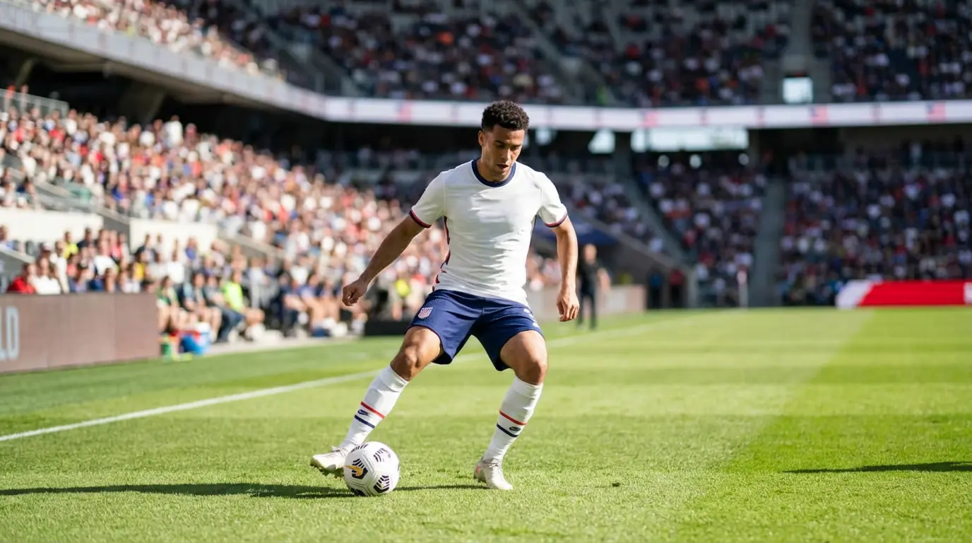 Yhdysvaltain maajoukkueen pelaaja valkoisessa paidassa kuljettaa palloa MM-karsintaottelussa